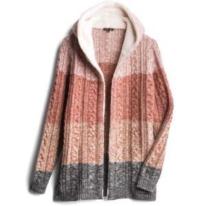 HOODED SHERPA CARDIGAN CABLE KNIT SWEATER